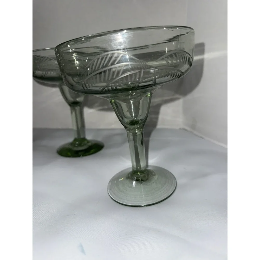 Margarita Glasses‎ Handblown Set Of (4) Green Stem Green Bowl Etched